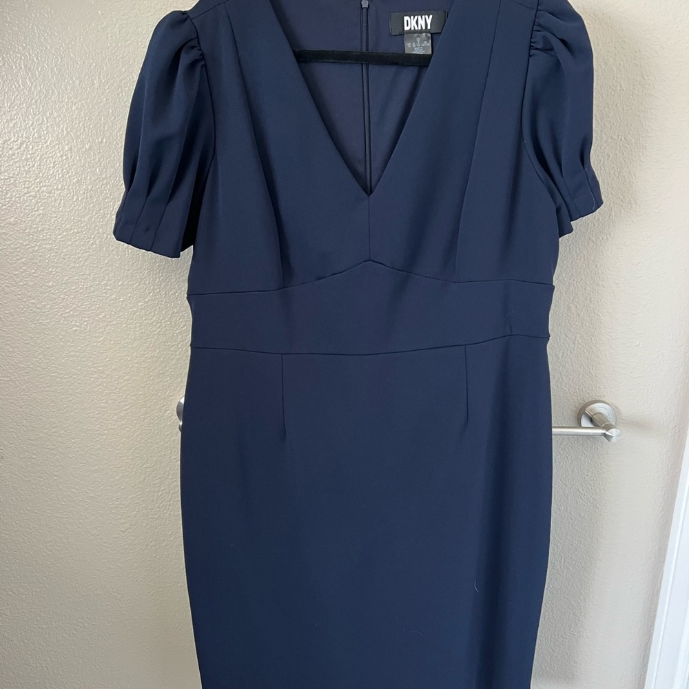 DKNY Blue Midi Dress with Puff Sleeves and V-Neck